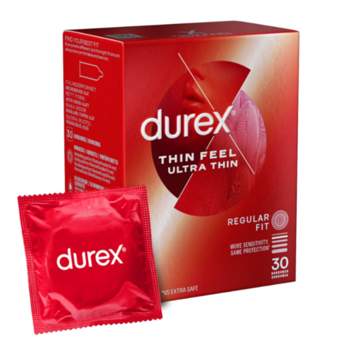 An angled image of the red Durex Thin Feel Ultra Thin 30-pack box standing behind a single red foil condom wrapper labeled "durex." The box lists features like "Regular Fit" and "More Sensitivity, Same Protection. Main image