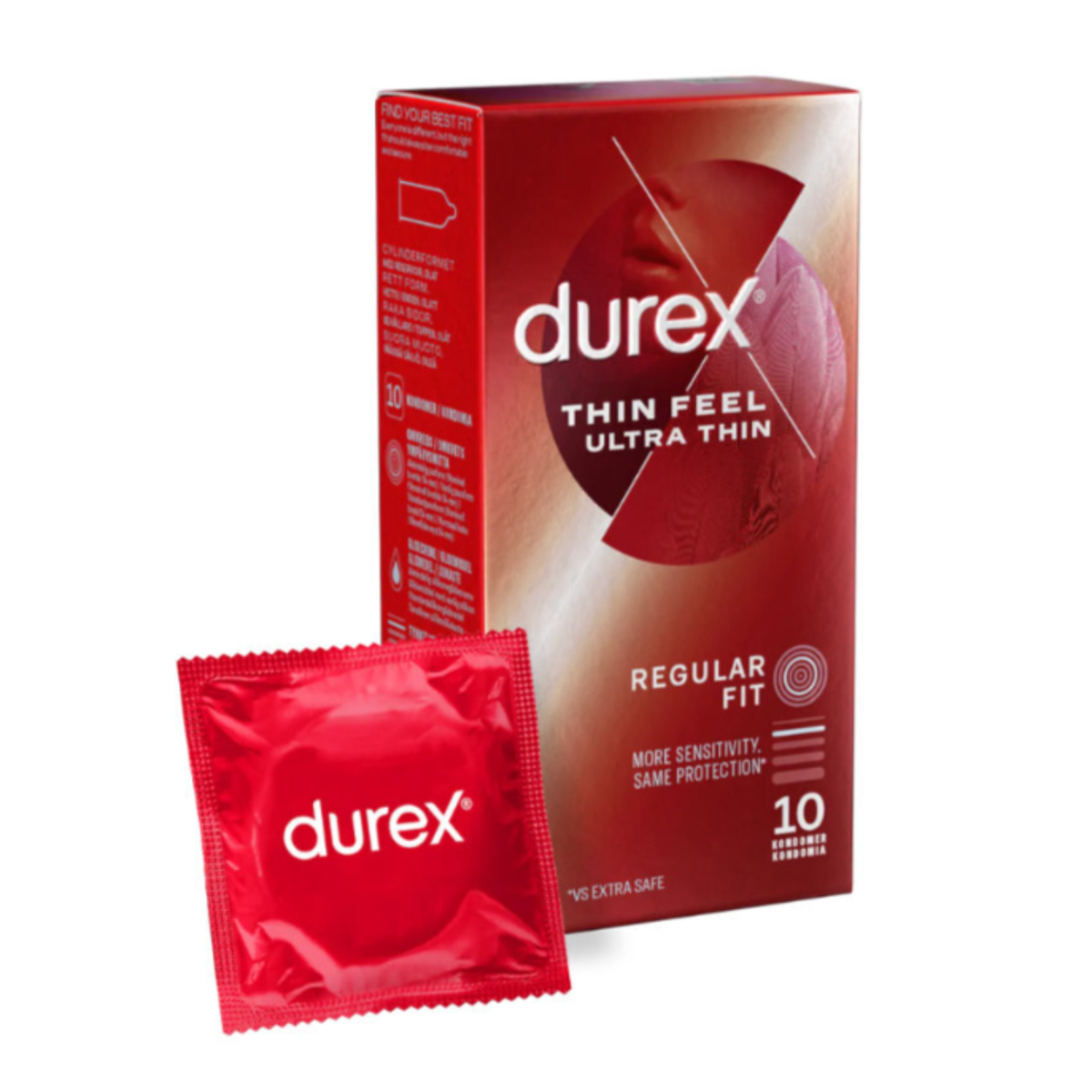 An angled image of the red Durex Thin Feel Ultra Thin 10-pack box standing behind a single red foil condom wrapper labeled "durex." The box lists features like "Regular Fit" and "More Sensitivity, Same Protection. Main image