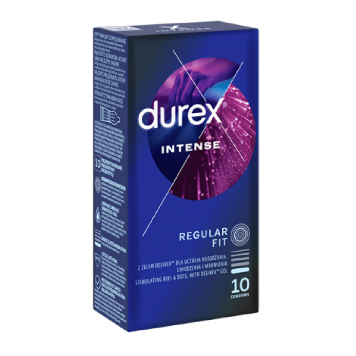 An image of a dark blue Durex Intense condom box. The front and side panels are visible, featuring a circular graphic with a purple-tinted silhouette of hands and pink light trails. The side panel contains technical information in multiple languages. The front text highlights "Regular Fit," "Stimulating Ribs & Dots," and "With Desirex™ Gel." The box contains 10 condoms. Main image