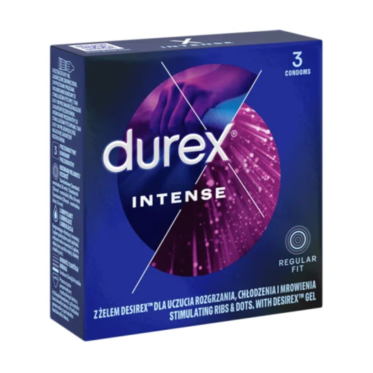 An image of a square dark blue Durex Intense condom box. The front and left side panels are visible, showing technical icons and product details in multiple languages (including Polish and Czech). The box design features a circular graphic with a purple-tinted silhouette of hands and pink light trails, with "Regular Fit" and "3 Condoms" noted on the front. Main image