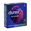 An image of a square dark blue Durex Intense condom box. The front and left side panels are visible, showing technical icons and product details in multiple languages (including Polish and Czech). The box design features a circular graphic with a purple-tinted silhouette of hands and pink light trails, with "Regular Fit" and "3 Condoms" noted on the front.
