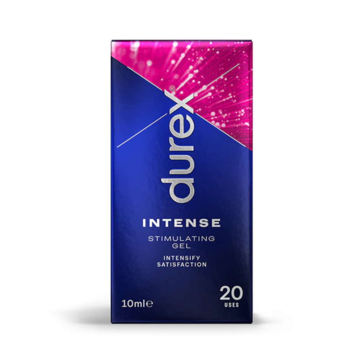 A close-up of the front of the Durex Intense Stimulating Gel box. The box is dark blue and black with a bright pink, sparkling graphic. The text reads: "durex", "INTENSE", "STIMULATING GEL", "INTENSIFY SATISFACTION", "10mle", and "20 USES". Main image