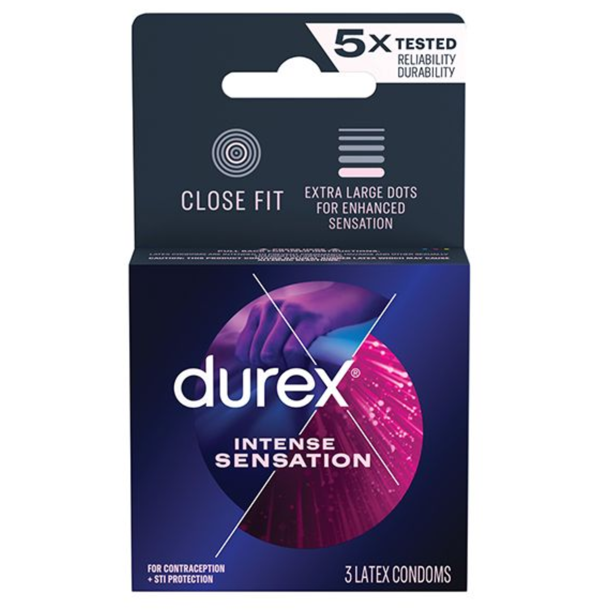 The front of a dark blue Durex Intense Sensation condom box containing 3 latex condoms. The design features a circular graphic with a purple-tinted silhouette of hands and pink light trails. Above the logo, text indicates a "Close Fit" and "Extra Large Dots for Enhanced Sensation." A "5x Tested" badge is visible at the top right.