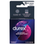 The front of a dark blue Durex Intense Sensation condom box containing 3 latex condoms. The design features a circular graphic with a purple-tinted silhouette of hands and pink light trails. Above the logo, text indicates a "Close Fit" and "Extra Large Dots for Enhanced Sensation." A "5x Tested" badge is visible at the top right.