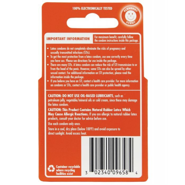 The back of an orange and white Durex packaging card. It contains "Important Information" regarding STI and pregnancy protection, storage instructions, and a caution that the product contains natural rubber latex. At the top, it notes "100% Electronically Tested" and features a "Pleasant Scent" smiley face icon. A barcode and recycling logo are located at the bottom.
