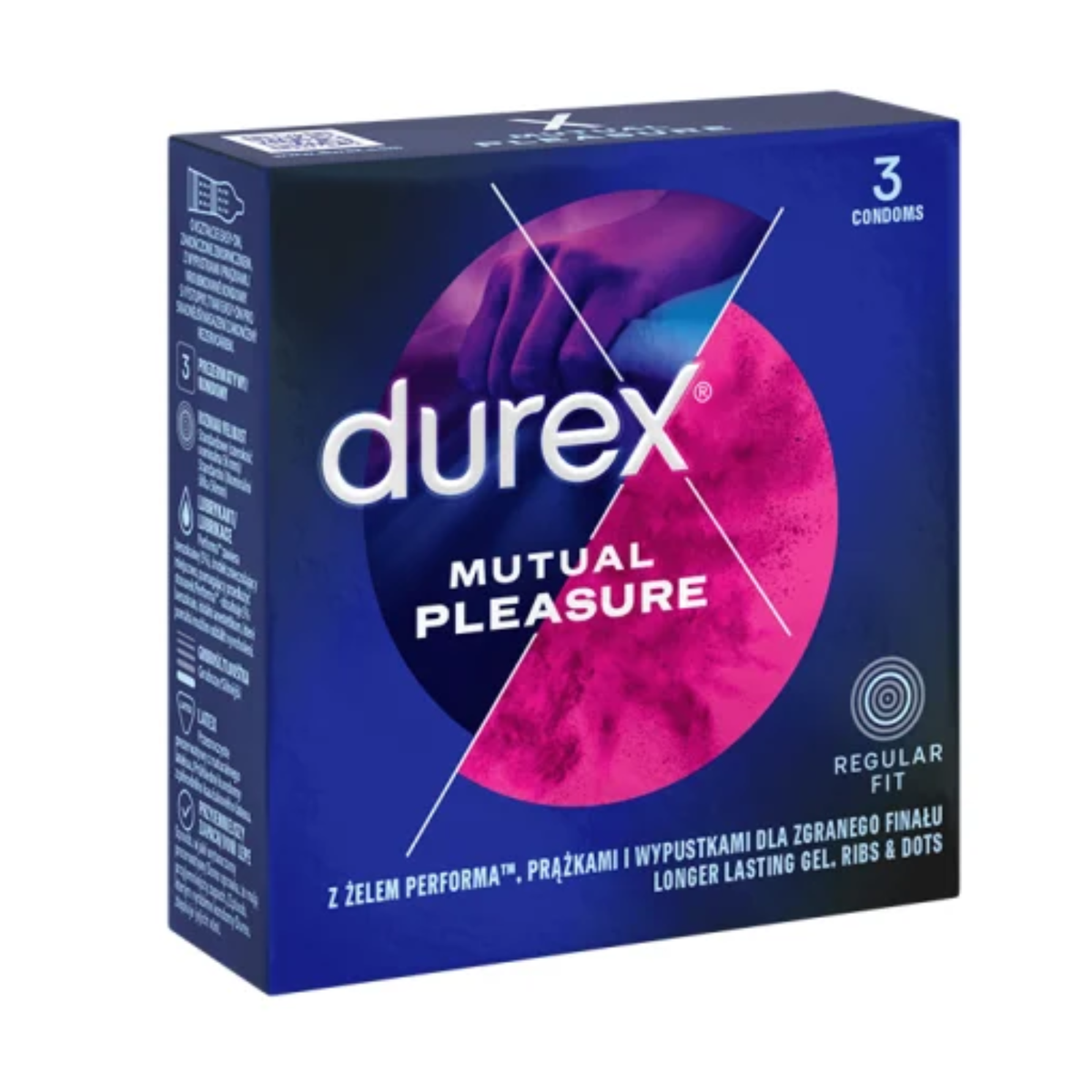 An image of the Durex Mutual Pleasure condom box. The dark blue packaging features a prominent pink and purple circular graphic with a silhouette of hands. The side panel displays technical icons and descriptions in multiple languages, including Polish. Main image