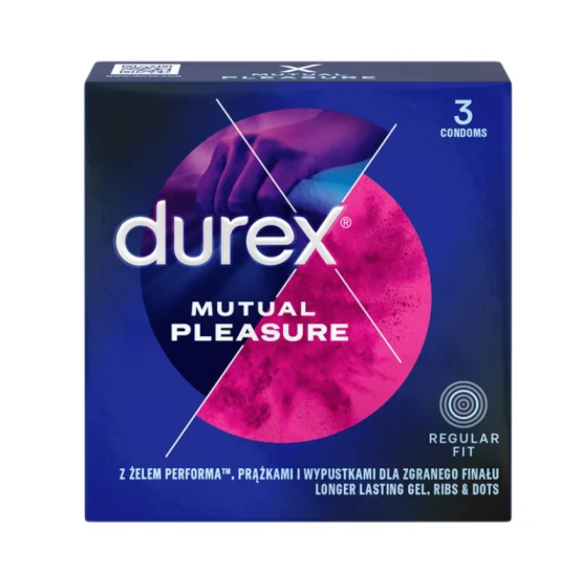 The front view of the Durex Mutual Pleasure condom box. Text at the bottom in Polish and English specifies "Longer Lasting Gel, Ribs & Dots." The box indicates it is a "Regular Fit" and contains 3 condoms.