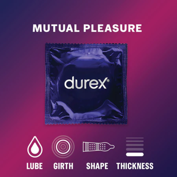 A promotional graphic on a purple and pink gradient background. It shows a single blue foil condom wrapper with the "durex" logo. Below the wrapper are four characteristic icons: a teardrop for "Lube," concentric circles for "Girth," a ribbed and dotted silhouette for "Shape," and a stacked bar indicating a higher "Thickness."