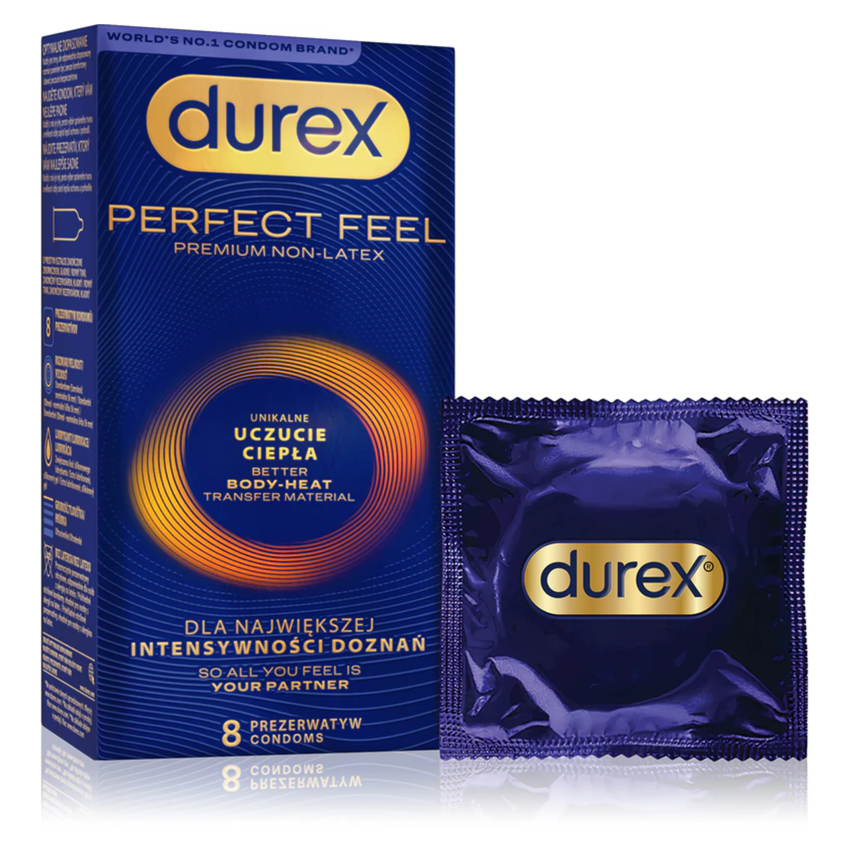 A dark blue Durex Perfect Feel "Premium Non-Latex" condom box standing next to a single purple foil wrapper. The packaging features gold accents and a glowing orange circular ripple design. The text includes the Durex logo in a gold pill shape and Polish phrases like "Unikalne Uczucie Ciepła" (Unique Feeling of Warmth). The bottom indicates it is an 8-pack. Main image
