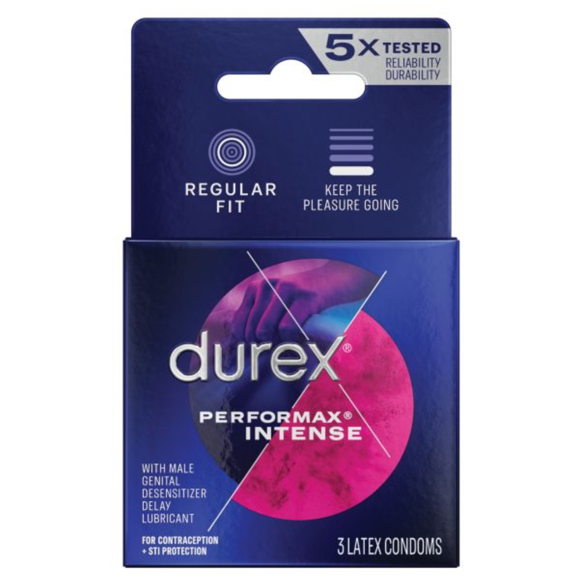 The front of a dark blue Durex Performax Intense box containing 3 latex condoms. The packaging features a pink and purple circular graphic with a silhouette of interlocked hands. Text highlights "Regular Fit," "5x Tested," and "With male genital desensitizer delay lubricant." Main image