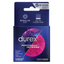 The front of a dark blue Durex Performax Intense box containing 3 latex condoms. The packaging features a pink and purple circular graphic with a silhouette of interlocked hands. Text highlights "Regular Fit," "5x Tested," and "With male genital desensitizer delay lubricant."