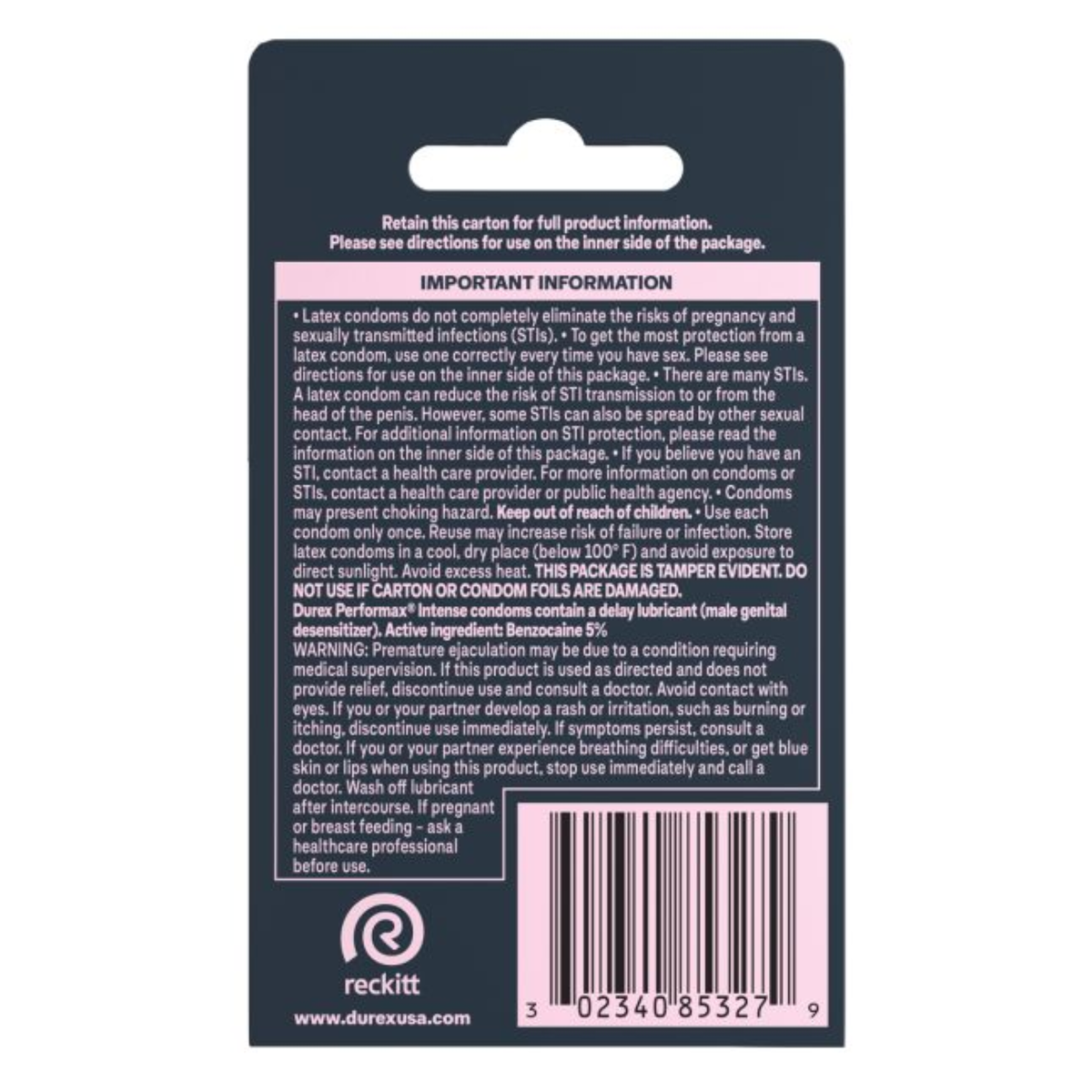 The back of the Durex packaging containing extensive "Important Information" in white text on a dark background. It includes warnings about STIs, pregnancy, and the active ingredient, Benzocaine 5%, used as a delay lubricant. A barcode and the Reckitt logo are at the bottom.