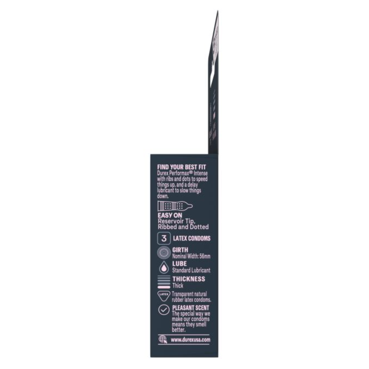 The side profile of the condom box listing technical specifications: "EASY ON Reservoir Tip, Ribbed and Dotted," "GIRTH: Nominal Width 56mm," "LUBE: Standard Lubricant," and "THICKNESS: Thick." It also mentions a "Pleasant Scent."
