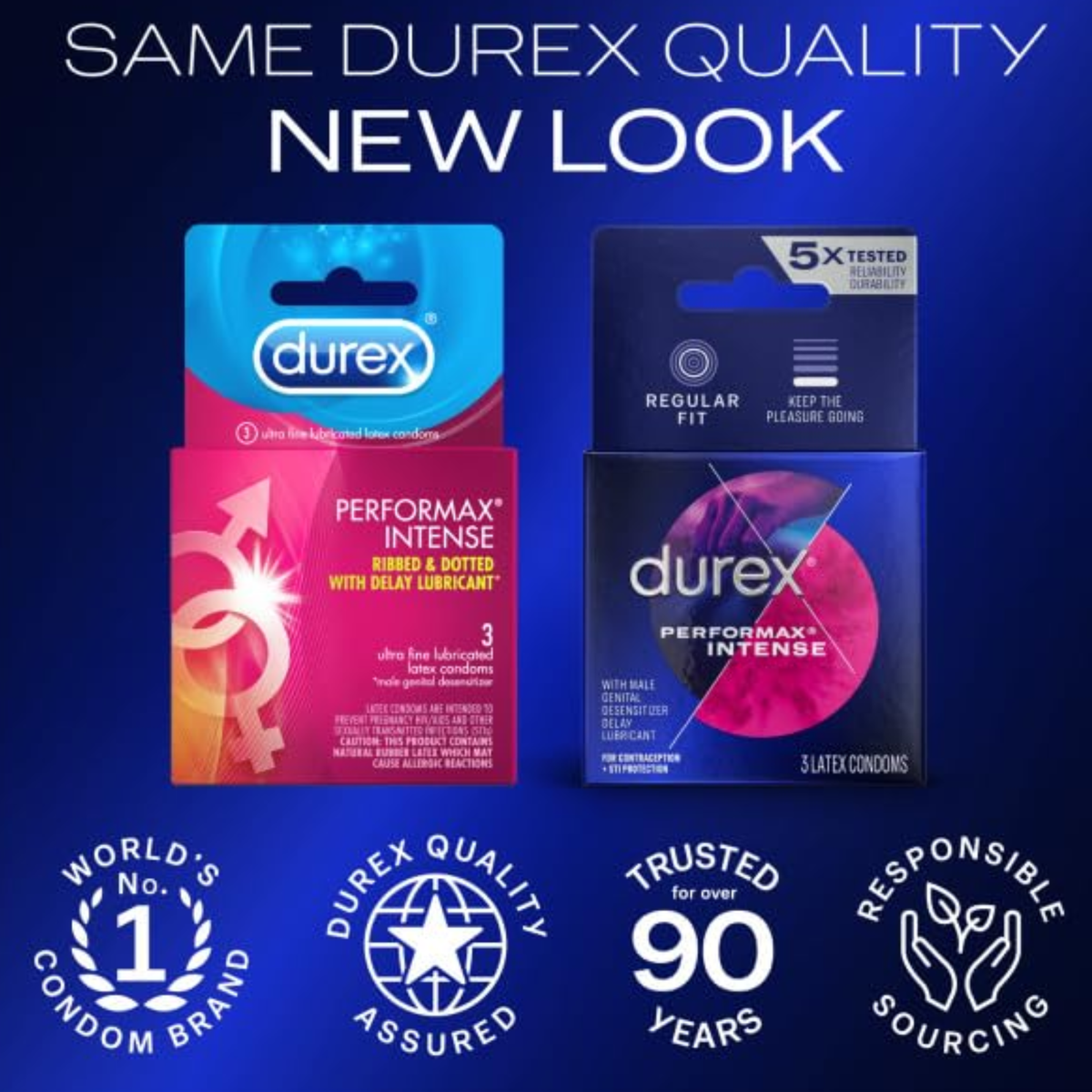 A marketing graphic titled "SAME DUREX QUALITY, NEW LOOK." It shows the old bright pink packaging on the left and the new dark blue packaging on the right. Below the boxes are four quality icons: "World's No. 1 Condom Brand," "Durex Quality Assured," "Trusted for over 90 Years," and "Responsible Sourcing."