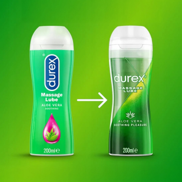 A graphic comparison of the 'Old Pack' versus the updated look for the Aloe Vera Massage Lube. The old bottle on the left is solid bright green with a pink droplet icon, while the new version on the right is translucent with a more modern, textured green aesthetic and a minimalist aloe vera leaf icon.