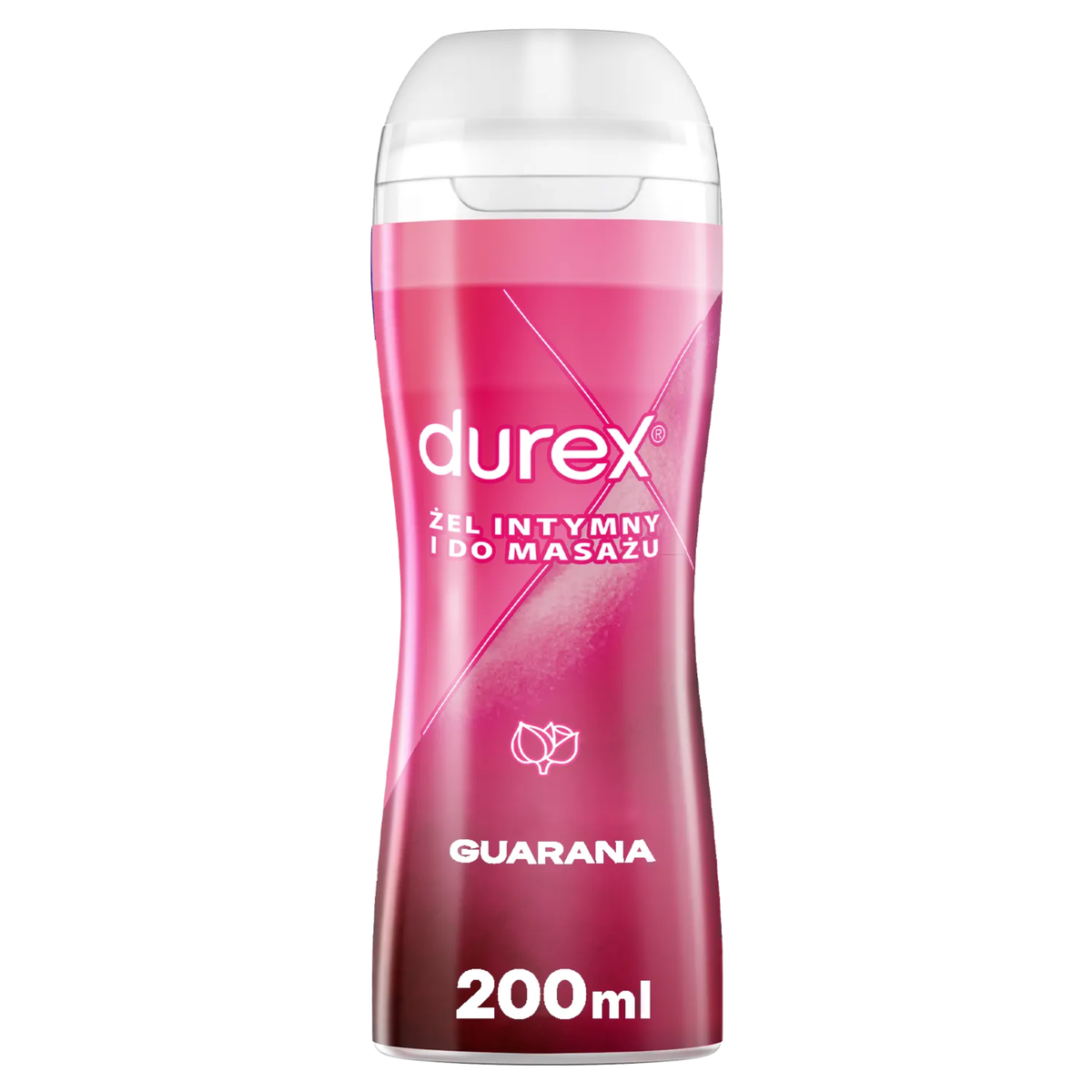 A bottle of Durex stimulating 2-in-1 lube with a Polish label, set against a white background. The bottle is a deep pink/magenta color with a white cap. The label includes the Durex logo, the Polish text "ŻEL INTYMNY I DO MASAŻU" (Intimate Gel and Massage), a guarana leaf icon, the word "GUARANA," and the volume "200ml." Main image