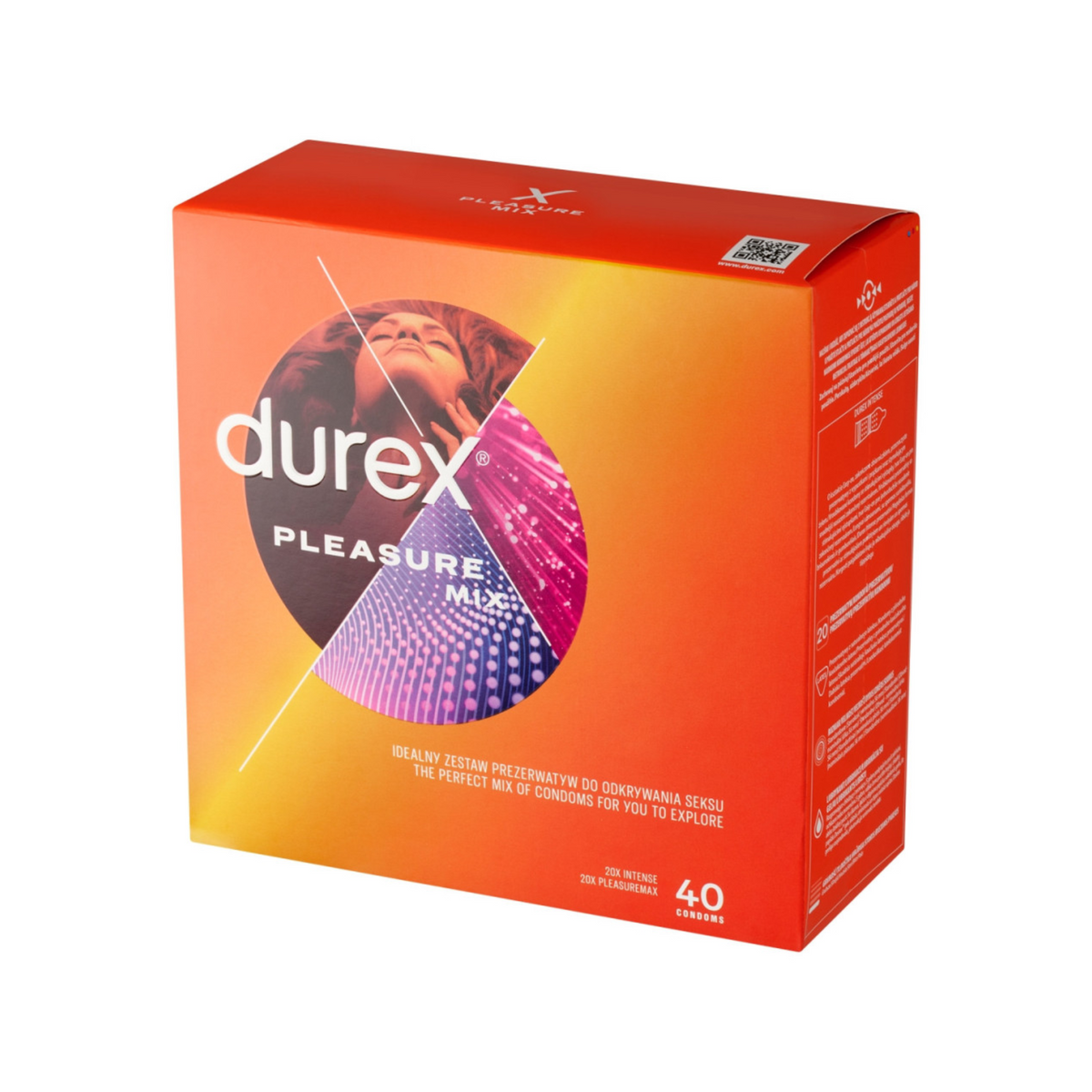 An image of Durex Pleasure Mix condom box against a white background. The box is a gradient orange color. The front features a large "durex" logo in white, with "PLEASURE MIX" underneath it in smaller letters. The bottom right corner of the box is labeled with a white circle indicating "40 Condoms". The side of the box lists "20x INTENSE" and "20x PLEASUREMAX."  Main image