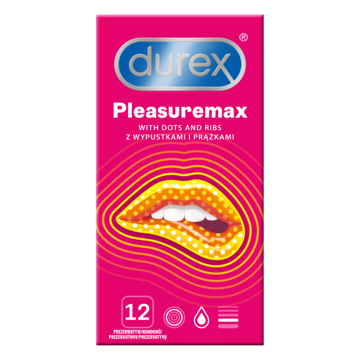 Front of a pink Durex Pleasuremax condom box for 12, labeled 'With dots and ribs,' showing a graphic of lips.