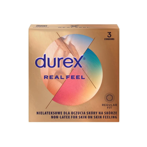 A direct front-facing view of the Durex Real Feel box of 3 condoms. The packaging is a metallic gold color. A large central circle contains the Durex logo and "REAL FEEL" in bold blue letters. An icon in the bottom right corner specifies a "REGULAR FIT." The bilingual text at the bottom describes the product as non-latex.