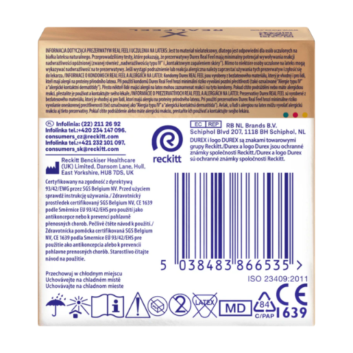 The back of the box, filled with technical specifications, manufacturer details, and safety symbols. It includes a large barcode, the "reckitt" logo, and the CE 1639 mark. A row of icons at the bottom provides instructions: keep dry, keep away from sunlight, read the manual, and a crossed-out "LATEX" symbol highlighting that the product is latex-free.