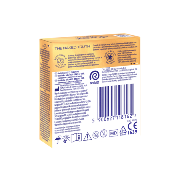 A view of the back and side of the gold packaging, showing technical details and consumer information. The back includes a large barcode, the "Reckitt" manufacturer logo, and the CE 1639 certification mark. Various safety and disposal icons are visible at the bottom, including a "do not flush" symbol and a recycling logo. The text is printed in multiple languages.