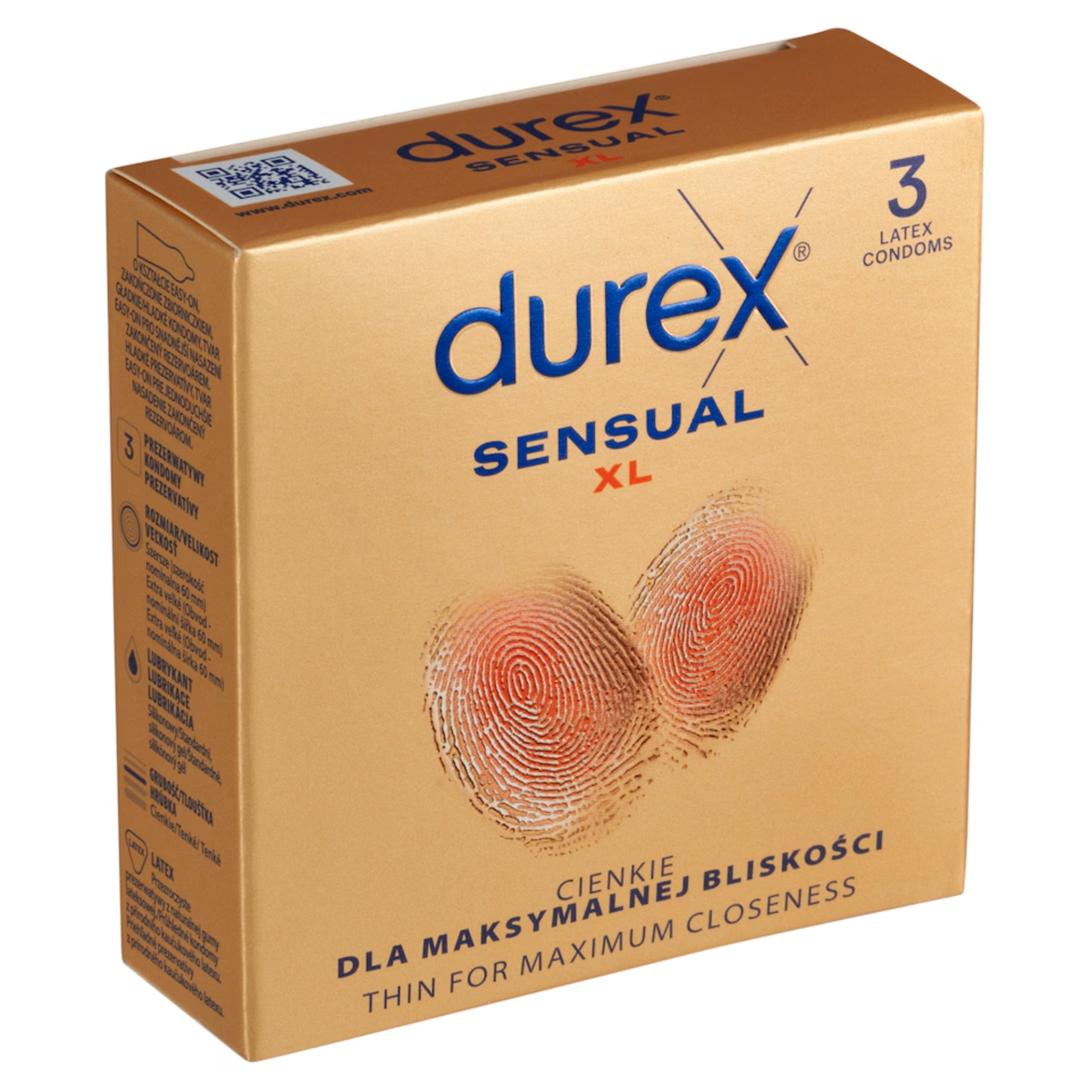 A close-up, angled shot of a gold-colored rectangular box of Durex Sensual XL condoms. The front of the box features the Durex logo in blue and the words "SENSUAL XL" in blue and red. Two stylized, orange-tinted fingerprint patterns overlap in the center.  Main image