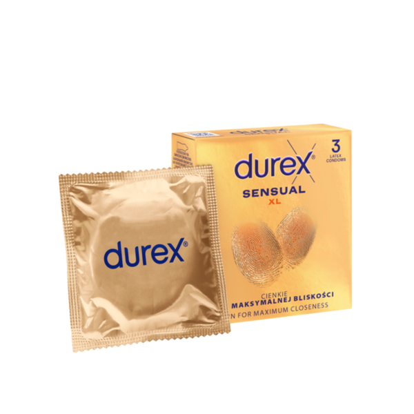 A product arrangement featuring the gold Durex Sensual XL box in the background and a single, square gold foil condom wrapper leaning against it in the foreground. The foil wrapper is metallic gold with the blue Durex logo printed clearly in the center. 