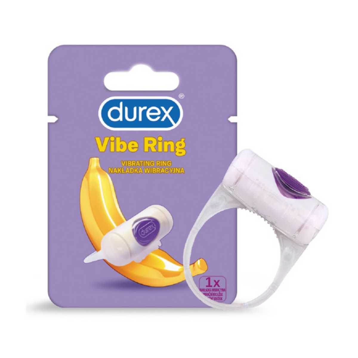 A Durex Vibe Ring product package is shown next to the actual product. The purple package features a cartoon banana with the product on it. Next to the packaging is the Durex Vibe Ring, a white ring with a rounded, vibrating head. Main image
