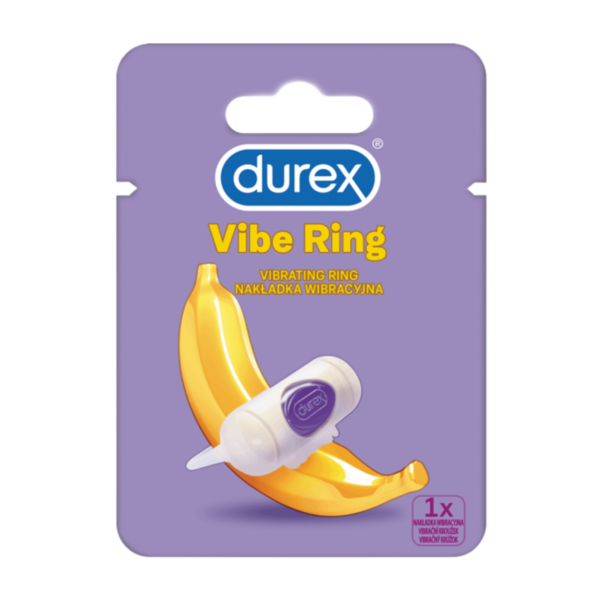 A Durex Vibe Ring product package. The package is purple and features a cartoon image of a banana with a Durex Vibe Ring placed on it. The text on the package reads "Durex Vibe Ring".