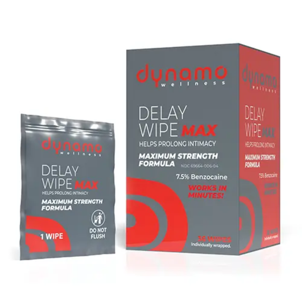 Product set shot featuring a 36-count box of Dynamo Wellness Delay Wipe Max next to an individually wrapped single wipe packet.