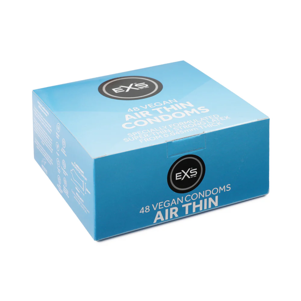 Studio product shot of a light blue bulk box of EXS 48 Vegan Air Thin Condoms sitting at a three-quarter angle against a white background. Imagen principal del producto