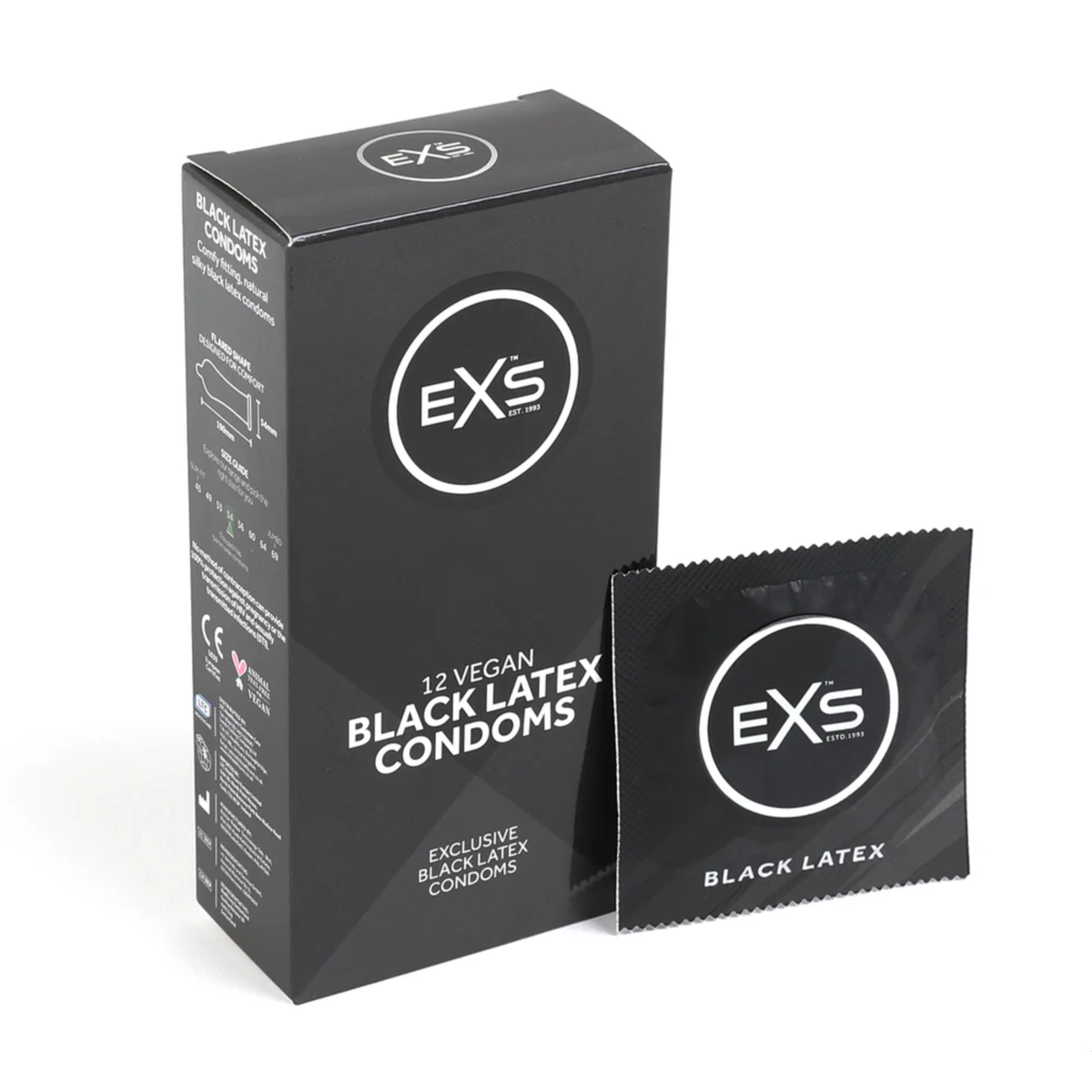 Studio product shot showing the black box of EXS 12 Vegan Black Latex Condoms standing next to a single sealed black foil wrapper on a white background. Imagen principal del producto