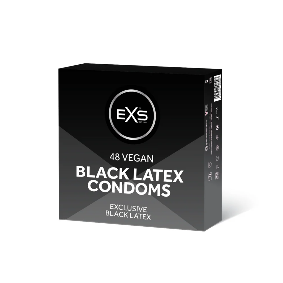 Studio product shot showing the dark gray bulk box of EXS 48 Vegan Black Latex Condoms standing at a three-quarter angle against a white background. Imagen principal del producto