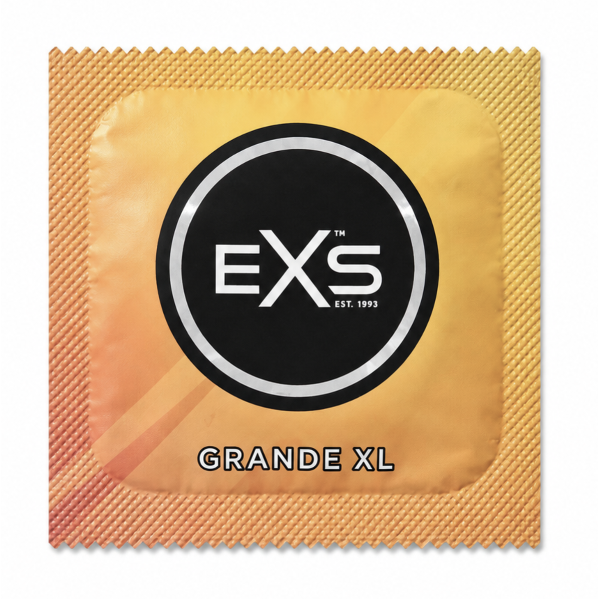 Close-up front view of a single gold/peach EXS Grande XL condom foil wrapper centered with the black EXS logo and "GRANDE XL" text. Main image