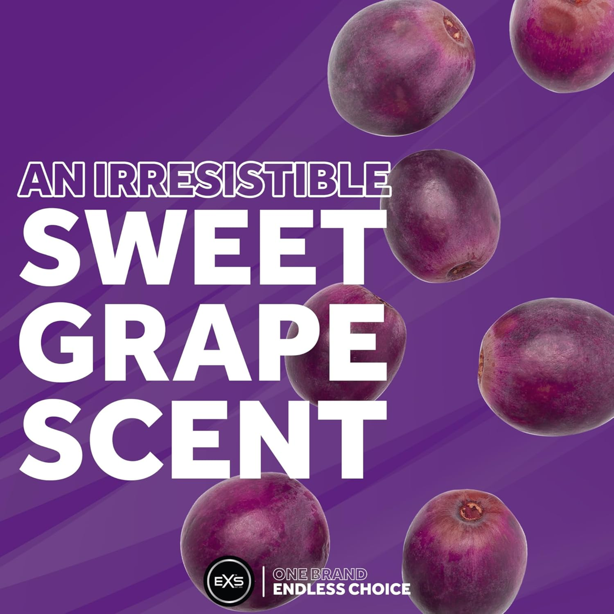 Promotional graphic featuring floating fresh purple grapes against a purple background. Bold text overlay reads "AN IRRESISTIBLE SWEET GRAPE SCENT".