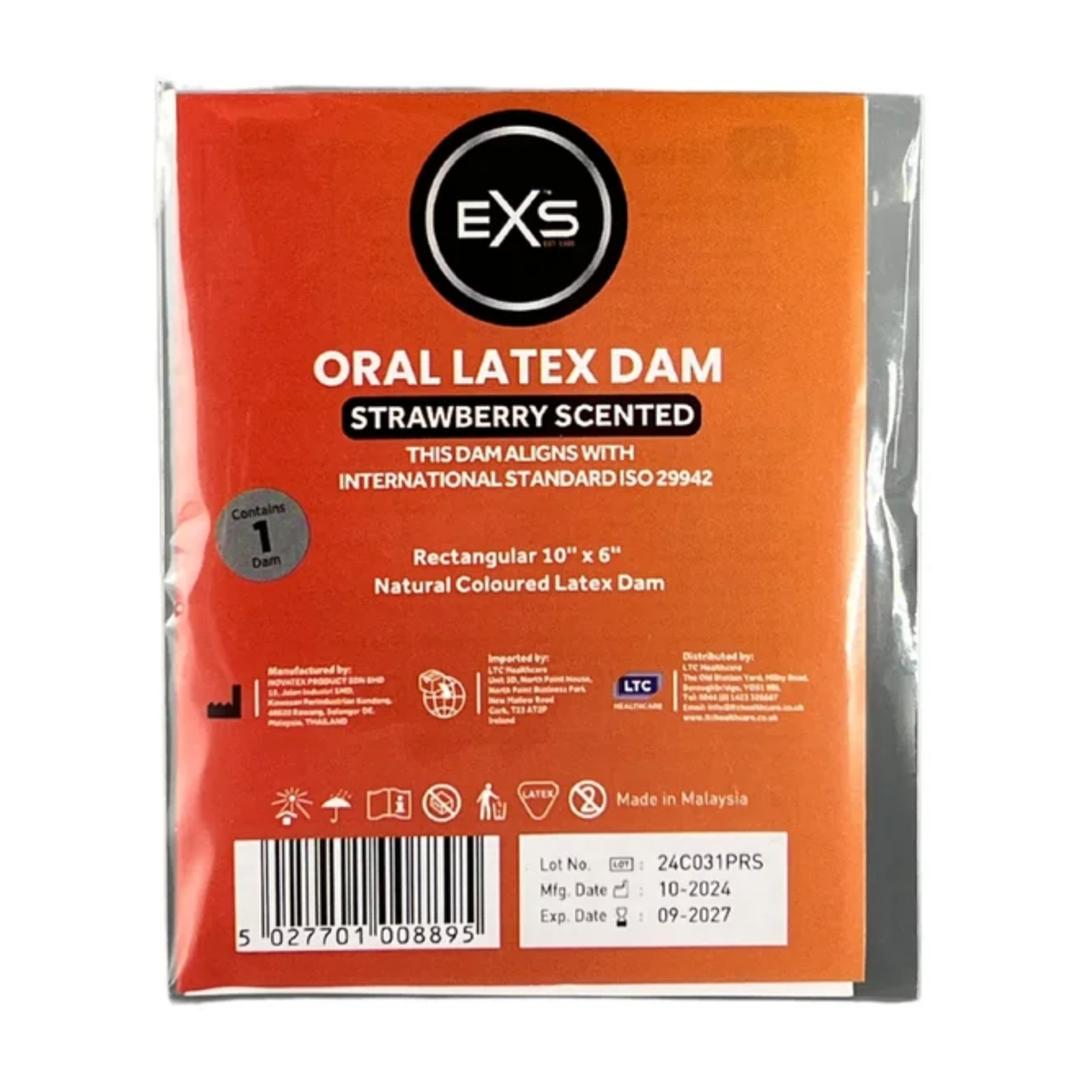 Front view of a single-pack red and orange EXS Strawberry Scented Oral Latex Dam in clear plastic packaging, featuring white product text, dimensions (10" x 6"), safety icons, and a barcode at the bottom. Main image