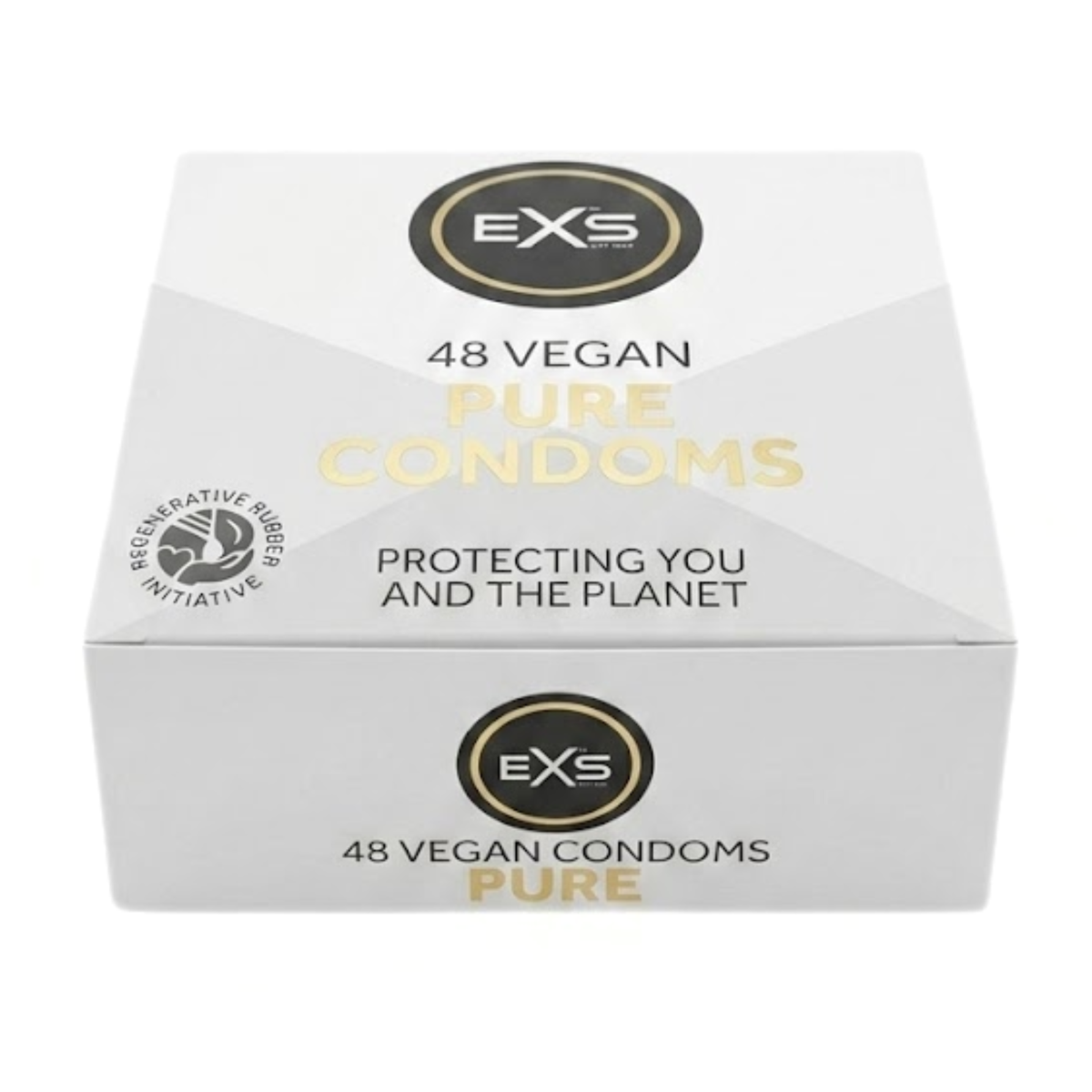 Studio product shot of a white and gray EXS Pure 48-pack box seen from a front high-angle view, featuring gold lettering for "Pure Condoms" and the Regenerative Rubber Initiative logo. Main image