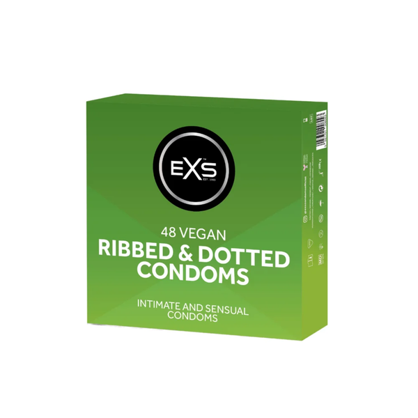 Studio product shot showing the bright green bulk box of EXS 48 Vegan Ribbed & Dotted Condoms standing at a three-quarter angle against a white background.