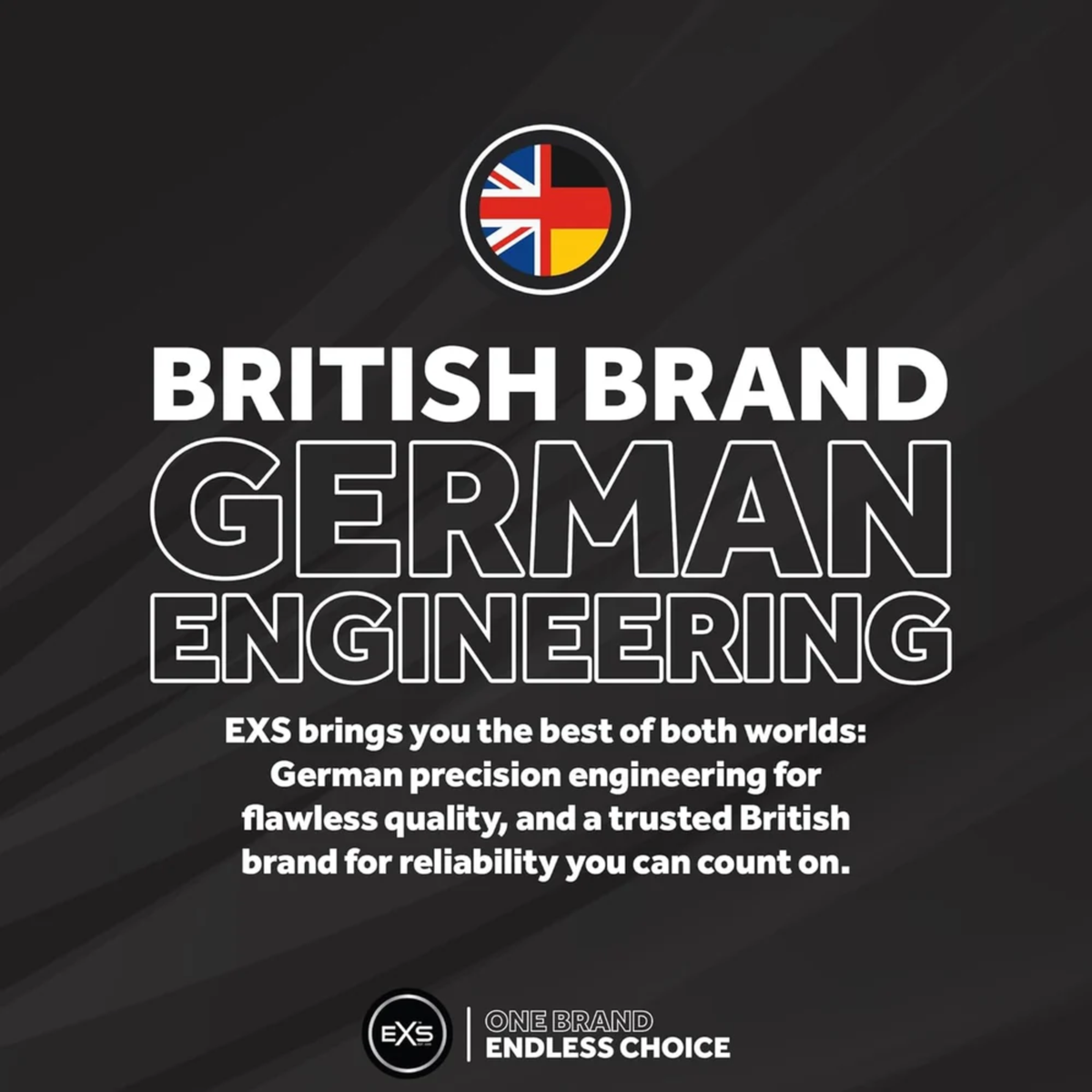 A promotional graphic featuring a combined Union Jack and German flag emblem at the top. Bold text reads "BRITISH BRAND GERMAN ENGINEERING," explaining the combination of German precision engineering with British brand reliability on a dark textured background.