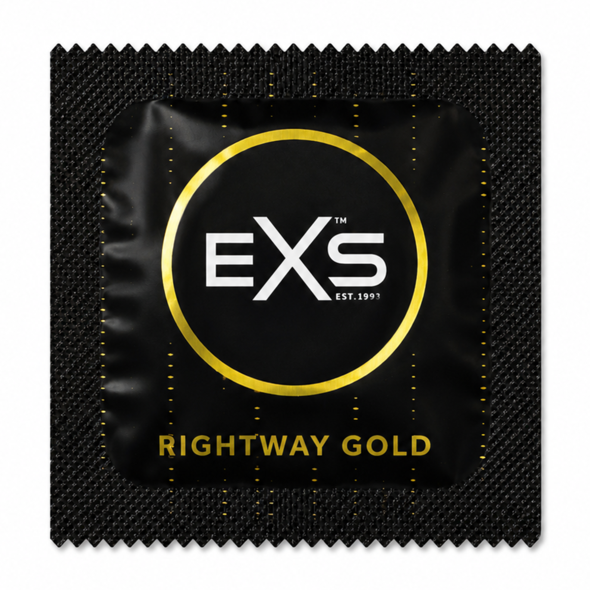 Front view of a single black and gold EXS Rightway Gold condom foil wrapper centered against a plain white background. Imagen principal del producto