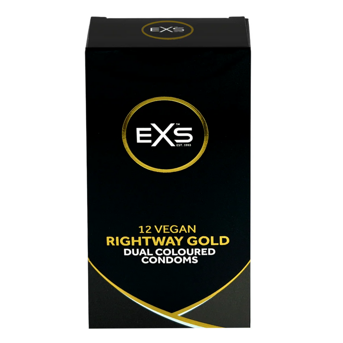 Front view of the black and gold retail box for EXS 12 Vegan Rightway Gold Dual Coloured Condoms.