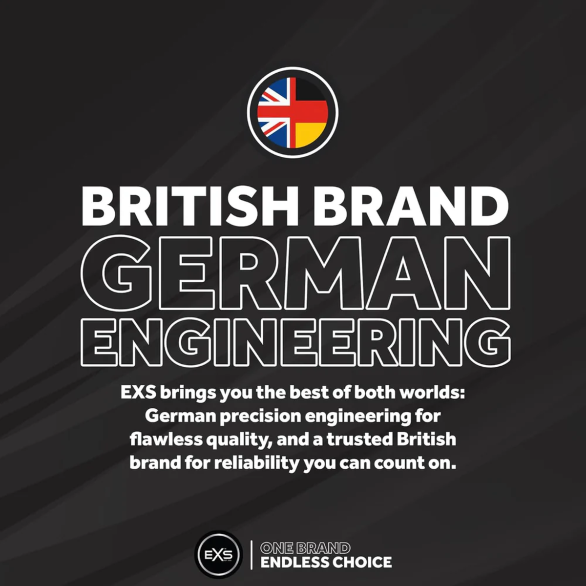 A promotional graphic featuring a combined Union Jack and German flag emblem at the top. Bold text reads "BRITISH BRAND GERMAN ENGINEERING," explaining the combination of German precision engineering with British brand reliability on a dark background.