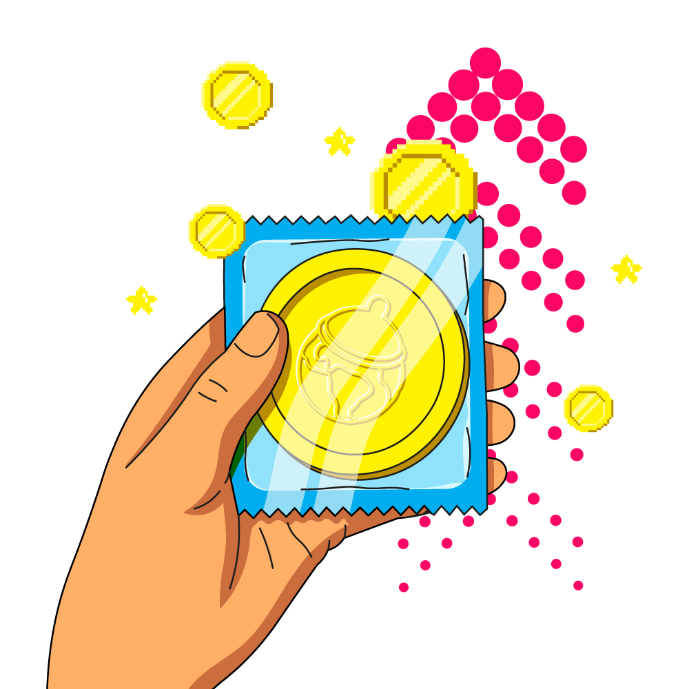 Illustration of a hand holding a condom with a baby illustration, surrounded by pink dots and yellow coins on a white background.