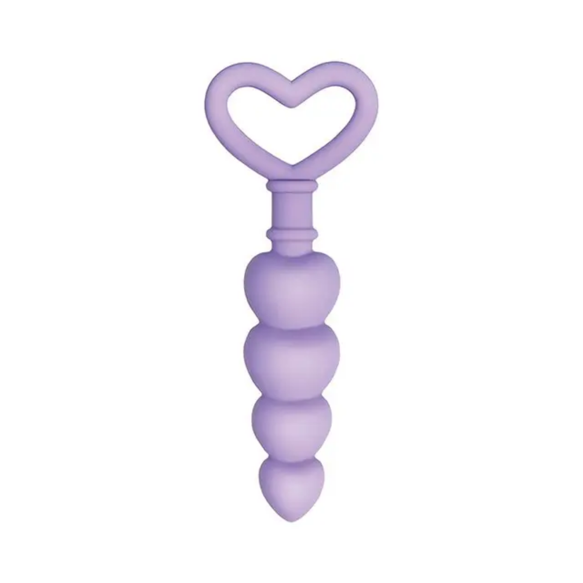 Direct front studio shot of the light purple Evolved Sweet Treat silicone anal probe showing four graduated heart-shaped beads topped with a matching open heart handle.