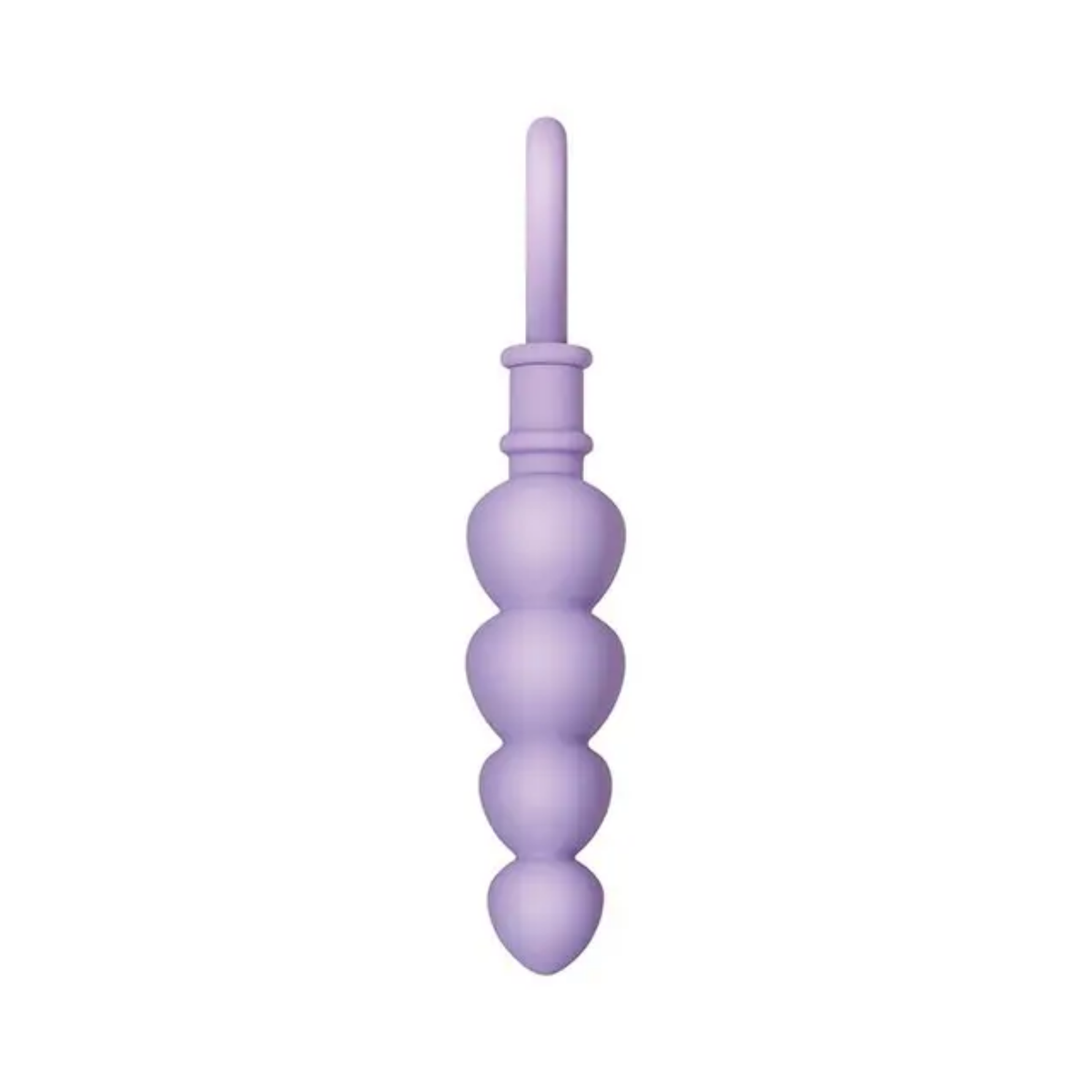 Direct side profile view of the light purple silicone anal probe showing the four graduated heart-shaped segments and slender handle neck.