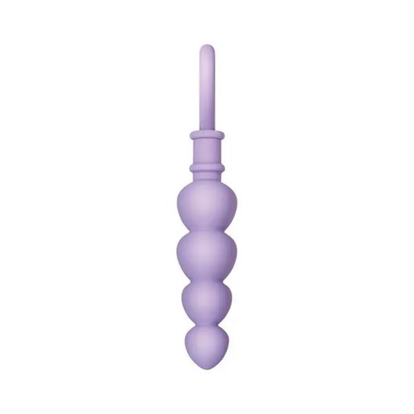 Direct side profile view of the light purple silicone anal probe showing the four graduated heart-shaped segments and slender handle neck.