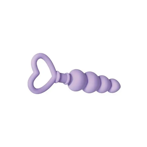 Horizontal studio shot of the light purple silicone anal beads highlighting the heart-shaped retrieval handle and smooth graduated beads.
