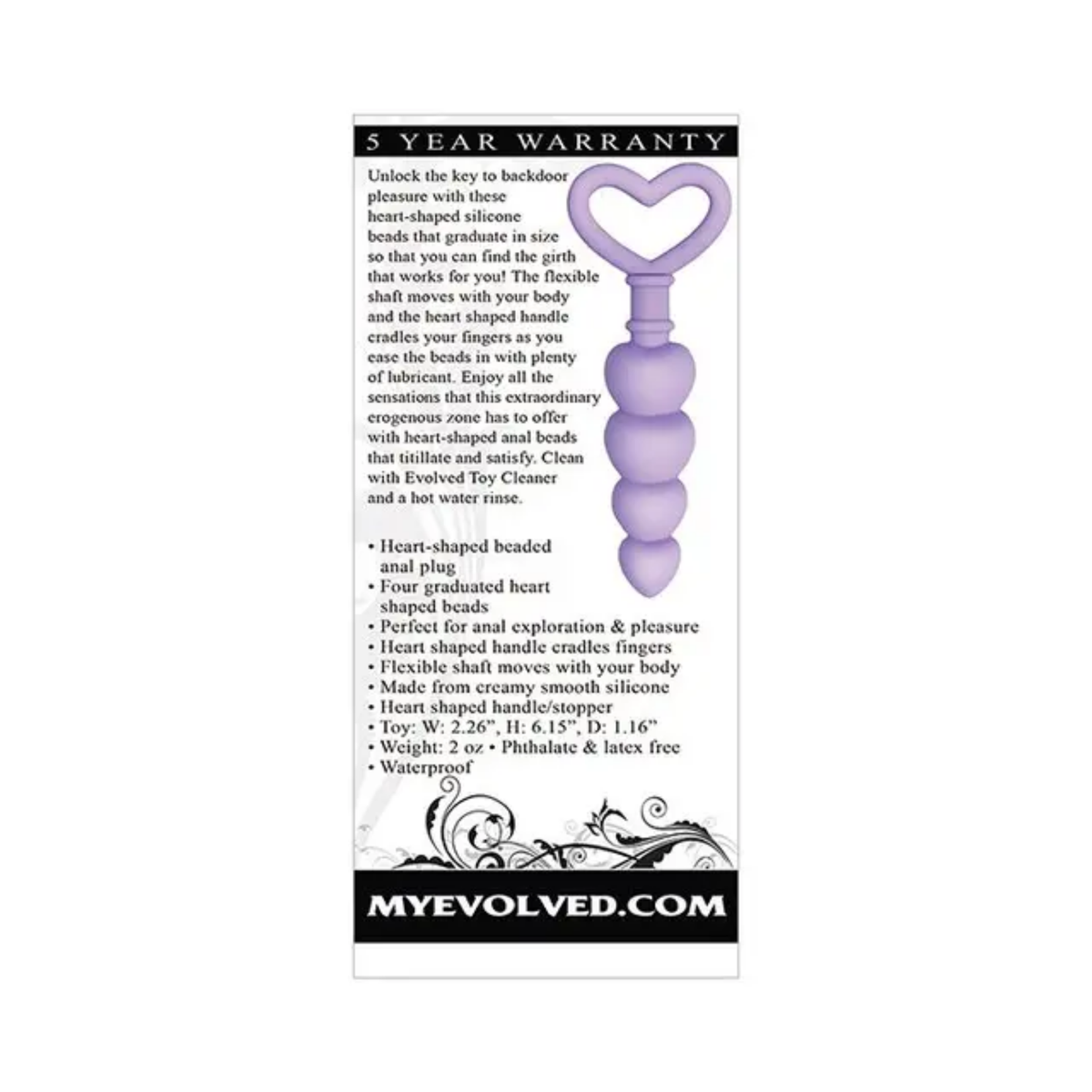 Back panel of the retail box displaying product features, dimensions (W: 2.26", H: 6.15", D: 1.16"), 5-year warranty details, and website URL.