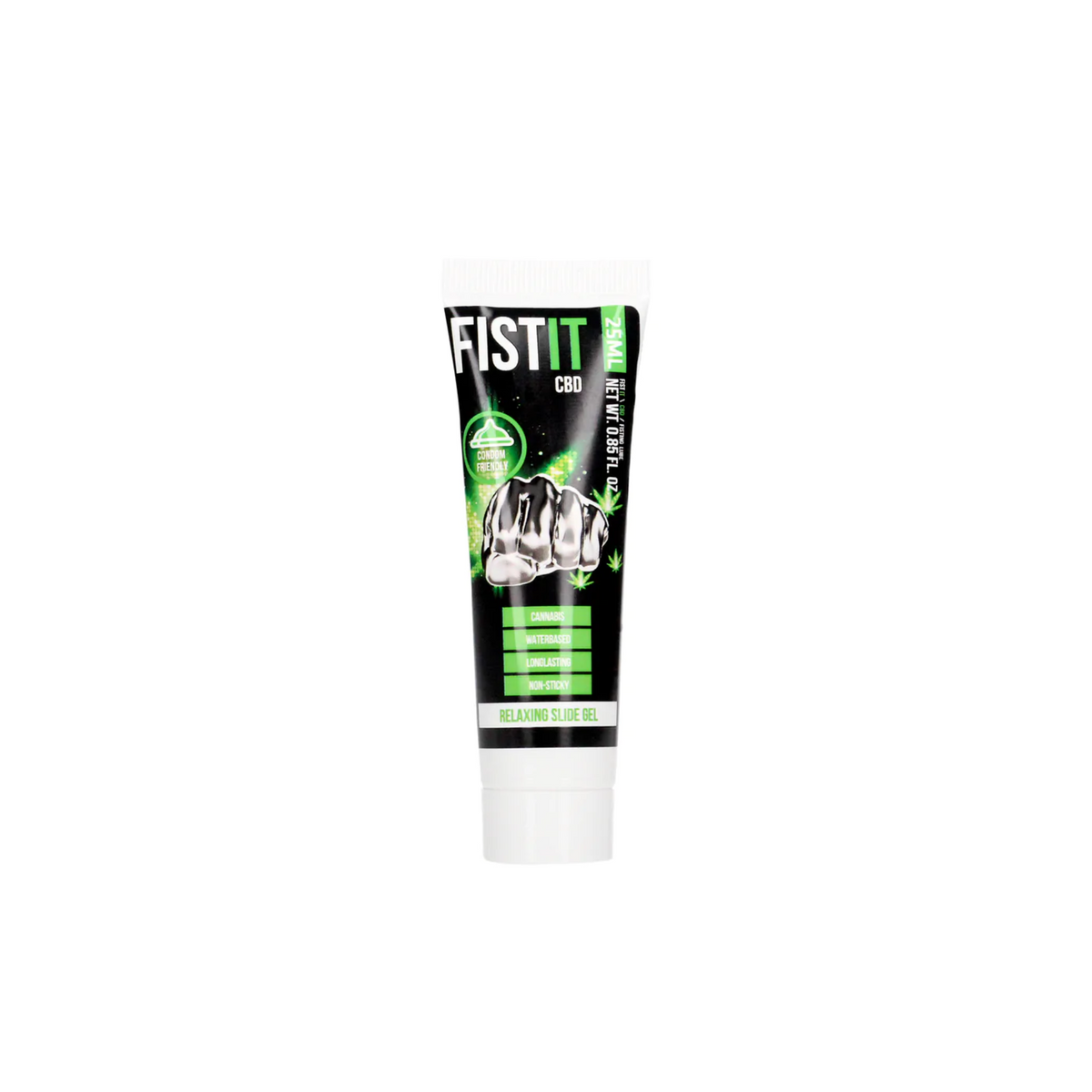 An image of a small squeeze tube of FISTIT CBD Lube. The tube has a black label with bright green and white accents. The background is solid white.