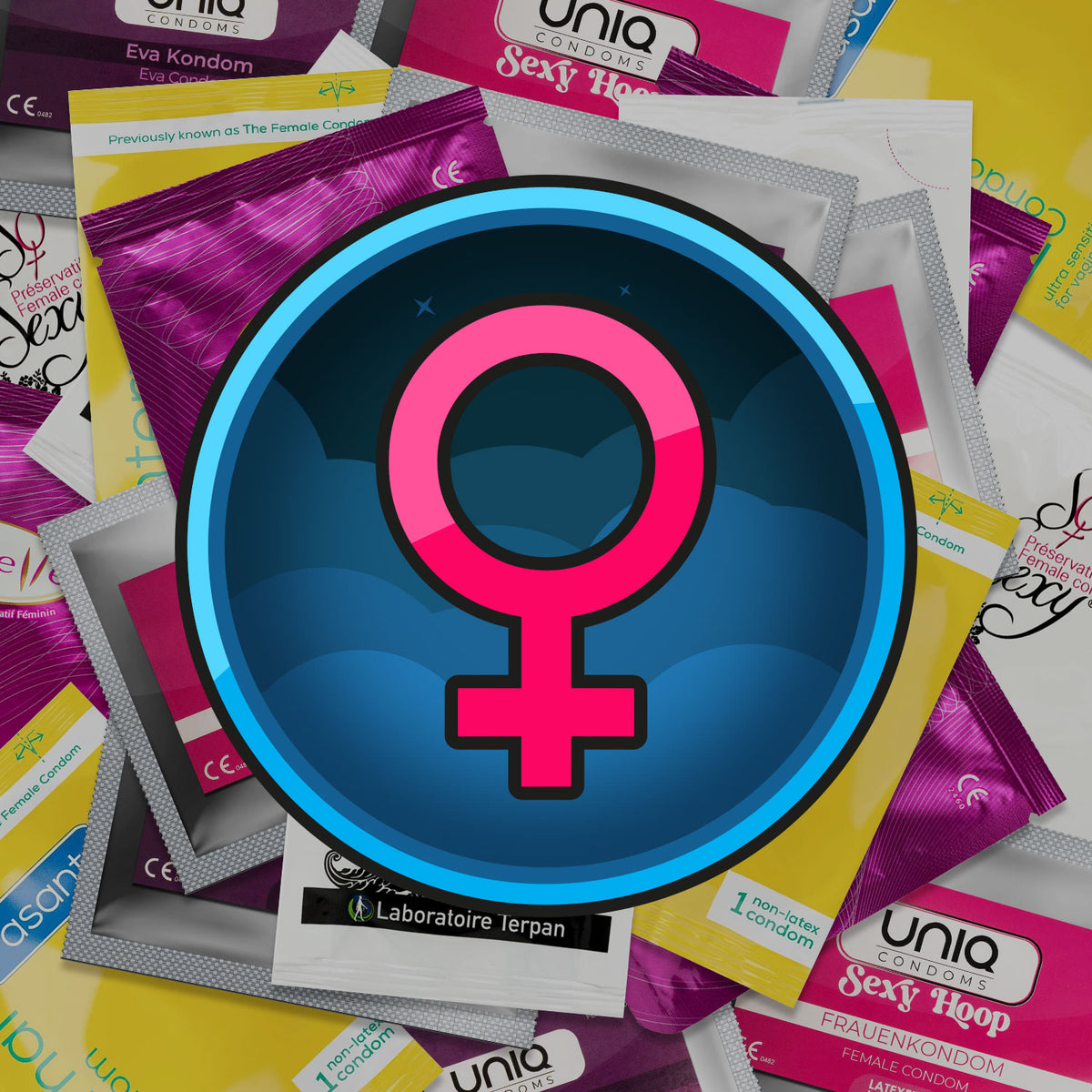 Condom packages with a prominent female symbol in the center